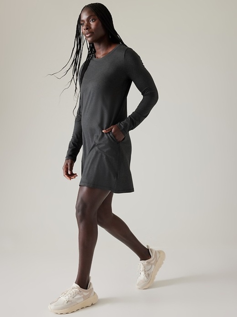 Athleta Uptempo Dress Long Sleeve Travel Work Dress Pockets Grey Size S